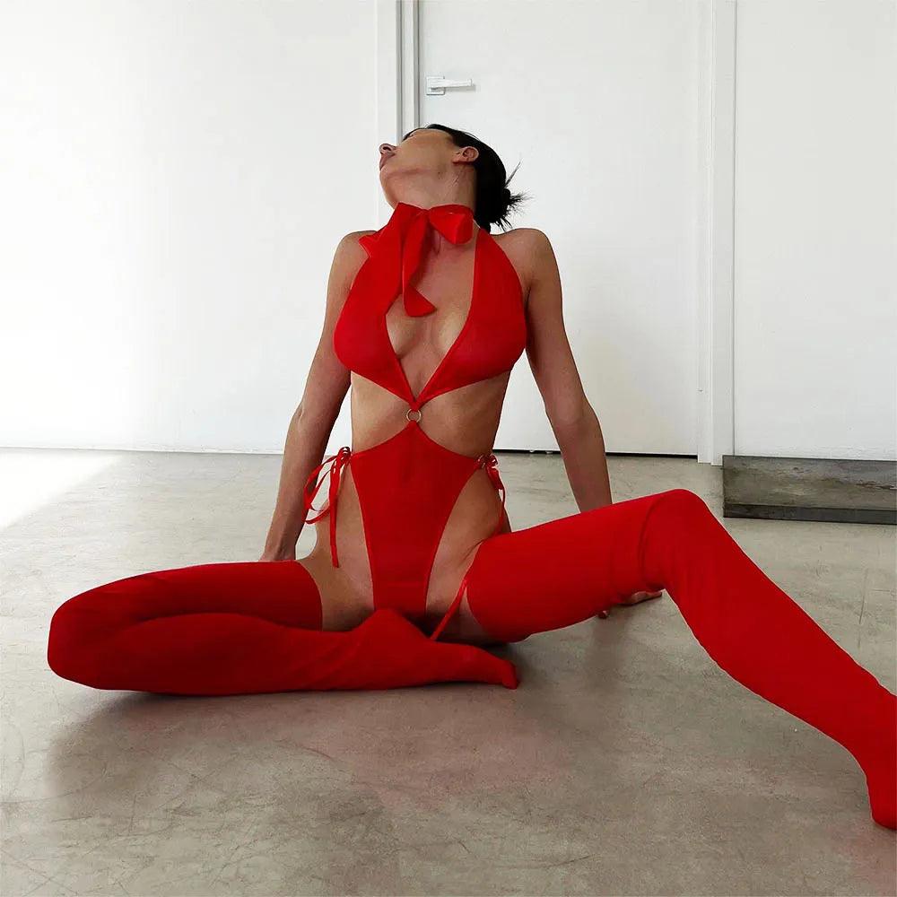 Nora's Red Hollow Out Bodysuit - IntimGlamour