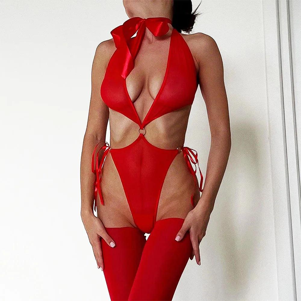 Nora's Red Hollow Out Bodysuit - IntimGlamour